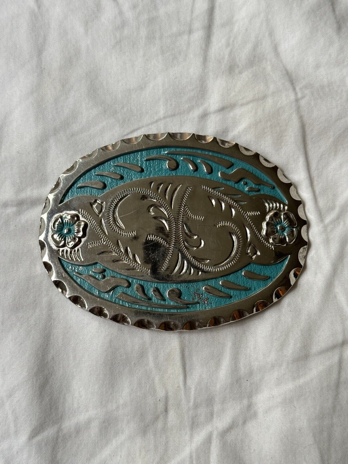 Vintage Chambers Belt Company Turquoise Floral Belt Buckle