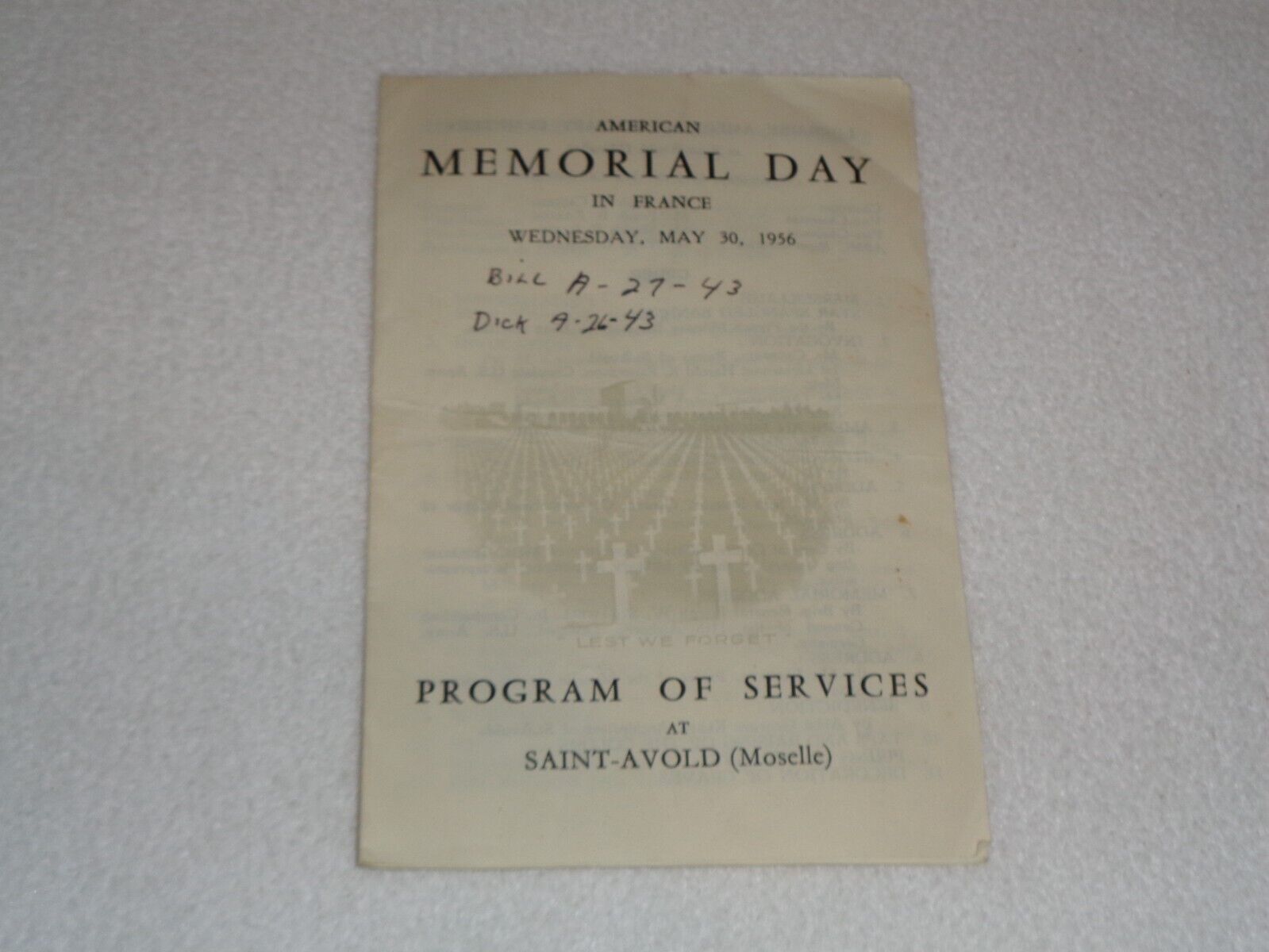 1956 American Memorial Day in France WW2 Saint-Avold Rare Program of Services