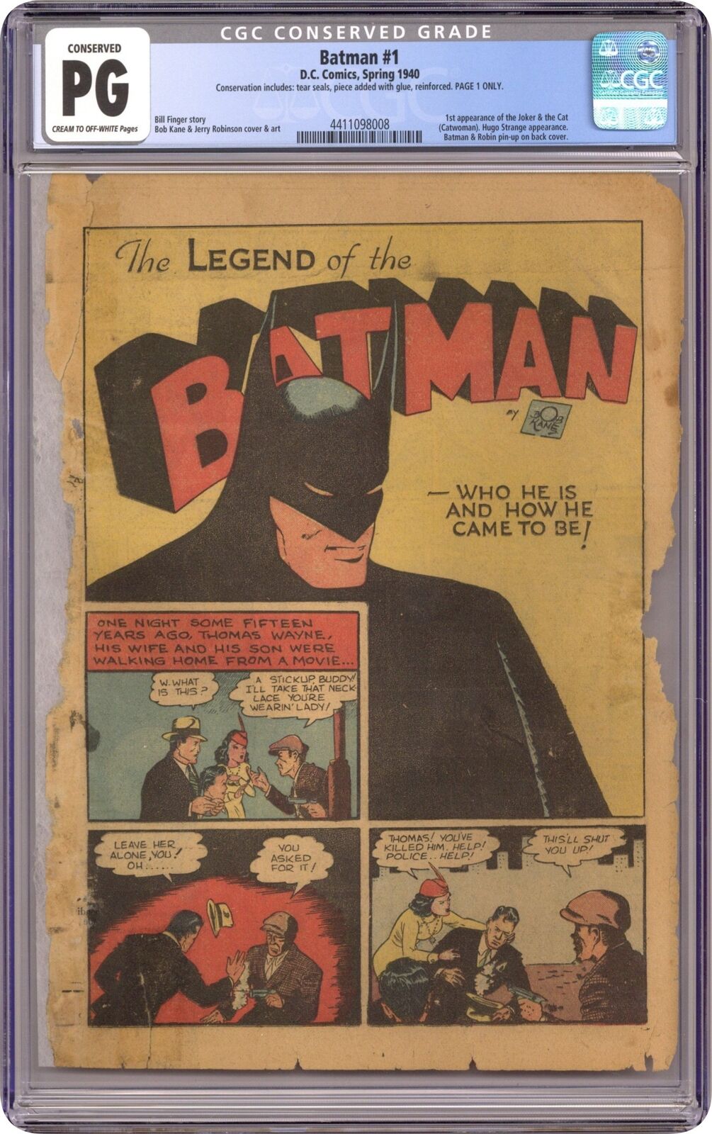 Batman (1940) 1 CGC Conserved Page 1 Only 4411098008 1st app. the Joker