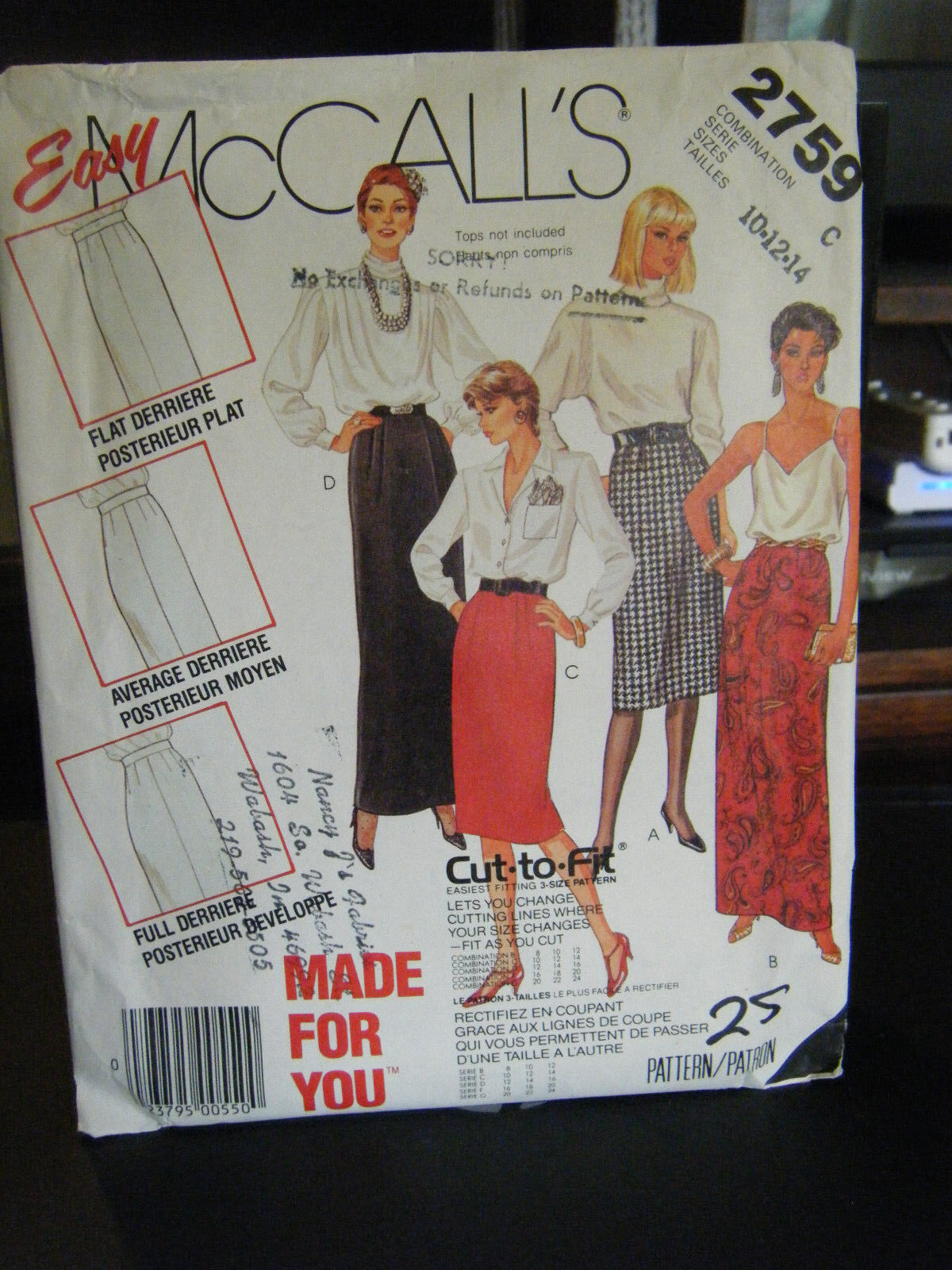 McCall\'s 2759 Misses Cut-to-Fit Skirt Pattern - Size 10/12/14