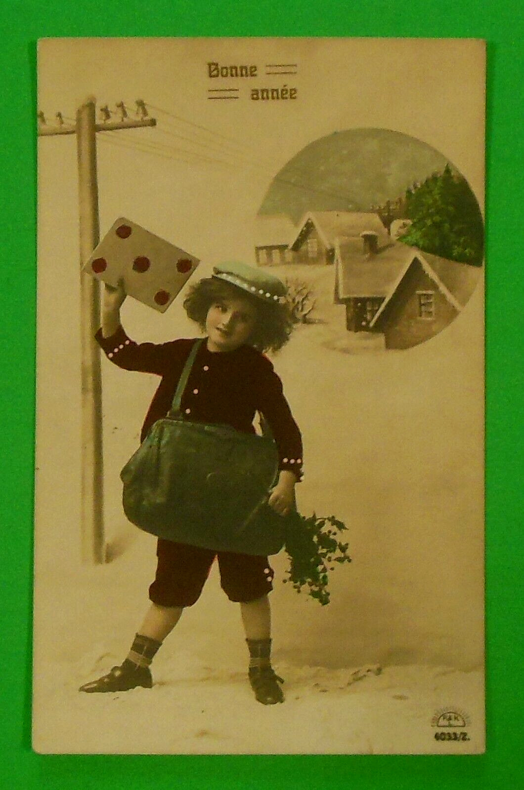 Young Boy Fur Velvet Cap Mails Holiday Card-Antique Real Photo French Postcard