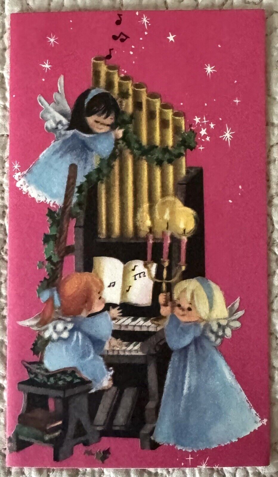 Unused Christmas Angels Play Piano Pipe Organ Pink Vtg Greeting Card 1950s 1960s