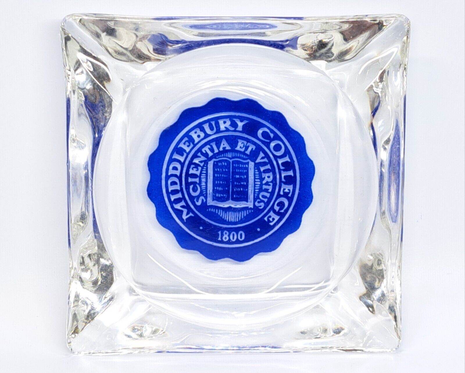 VINTAGE MIDDLEBURY COLLEGE VERMONT ADVERTISING ASHTRAY CLEAR GLASS APPLIED LABEL