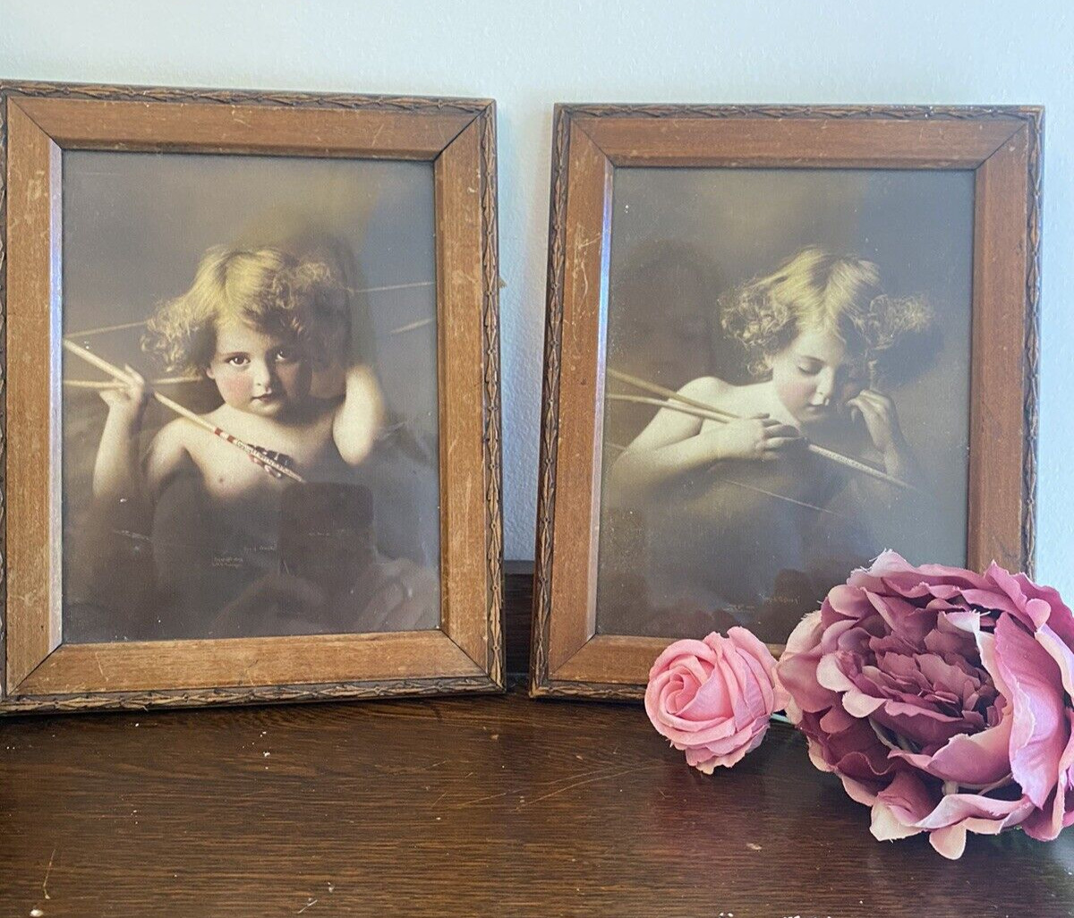 VICTORIAN Framed Cupid Awake and Cupid Asleep Original Prints in Timber Frames