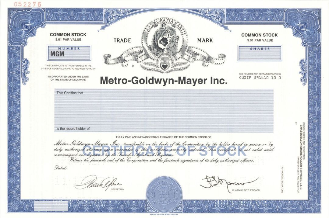 Metro-Goldwyn-Mayer Inc. - Specimen Stock Certificate - Specimen Stocks & Bonds