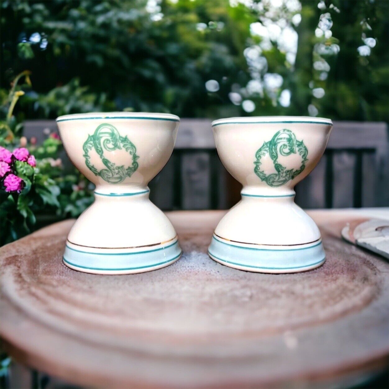 Antique Porcelain Egg Cups Green Blue and Gold Trim Green Floral Swag Design