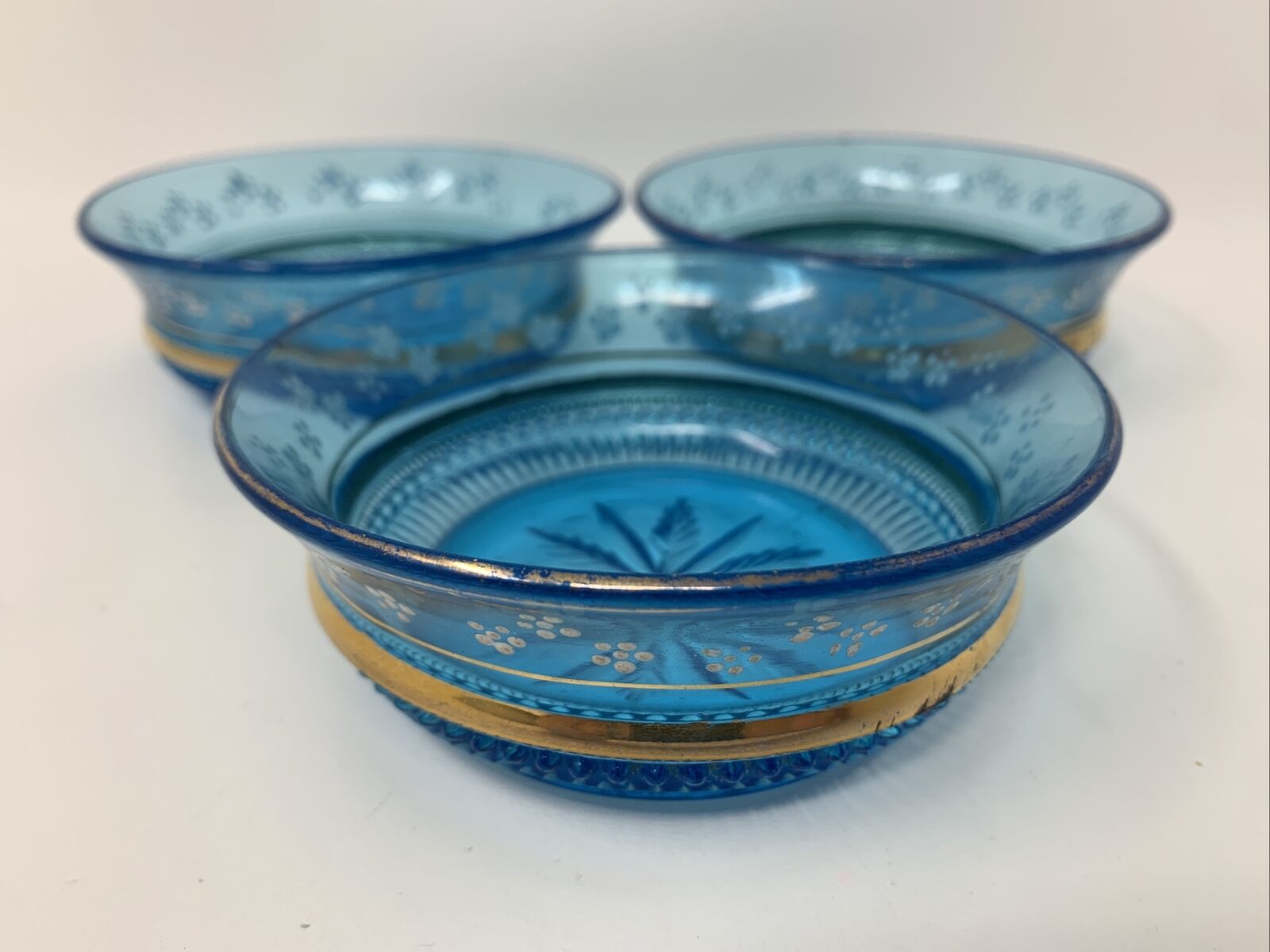 Antique Set of 3 EAPG Blue Fruit Berry Bowls Gold Painted Flowers (INV 22-242)