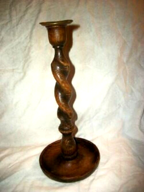 ANTIQUE ENGLISH OAK BARLEY TWIST CANDLE HOLDER BRASS CUP 1890s VICTORIAN