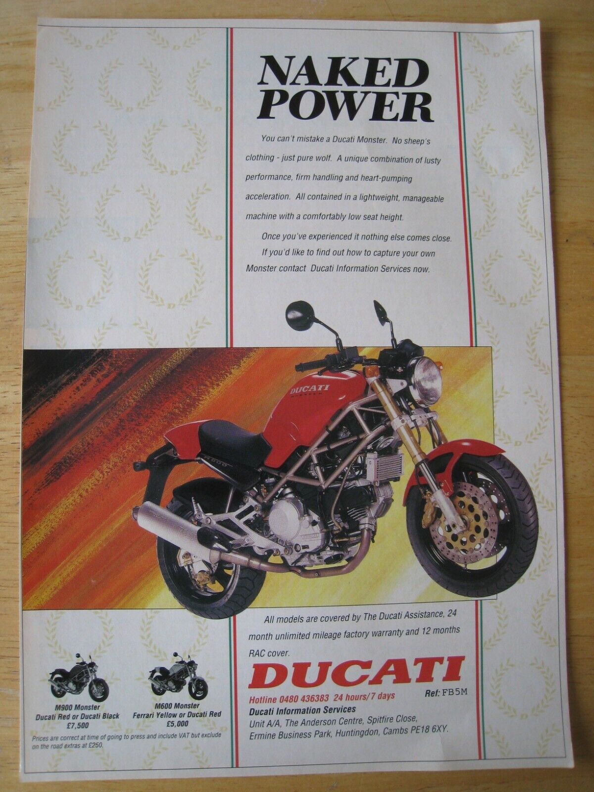 DUCATI MONSTER MOTORCYCLE RANGE ADVERT A4 FILE 33