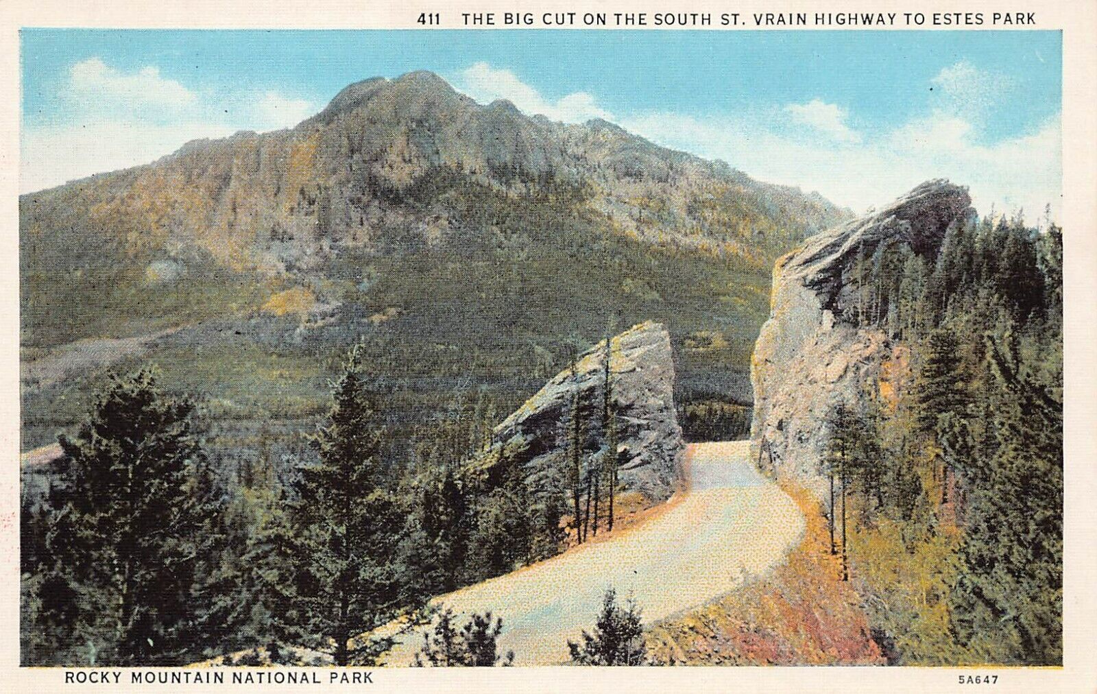 Rocky Mountain Estes Park CO Colorado St Vrain Hwy Big Cut Pass Vtg Postcard Y8