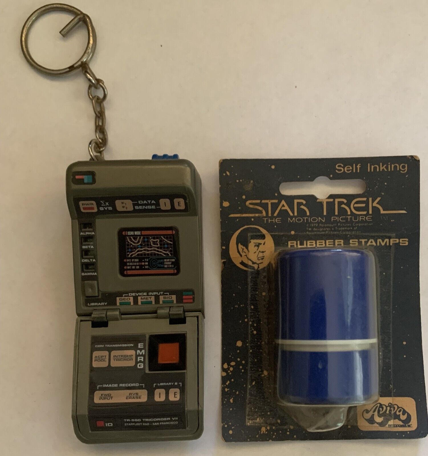 Vintage 1979 Star Trek Spock Rubber Stamp & 1995 Tricorder Key Chain
