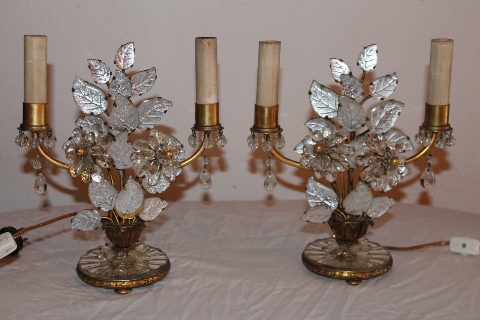 PR OF CUT CRYSTAL VASE FULL OF FLOWERS FRENCH ARTDECO MAISON BAGUES  TABLE LAMPS