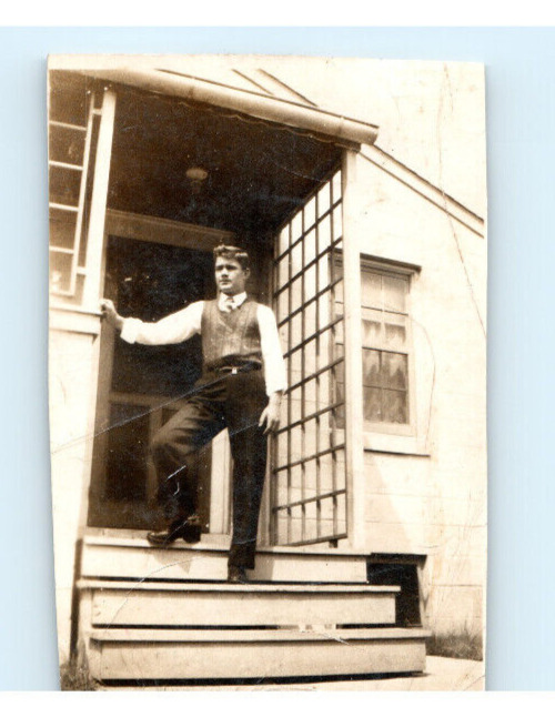 Vintage Photo 1940\'s, Dressed Dapper Man Posed On Front Steps, 1.5x3, Sepia