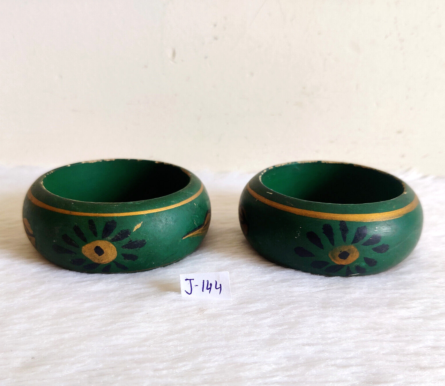 Vintage Handmade Hand Painted Wooden Lacquered Tribal Bangle Bracelet Pair J144