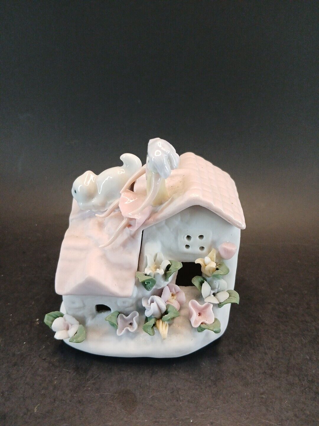 Ceramic Trinket Box House Girl And Cat On Roof