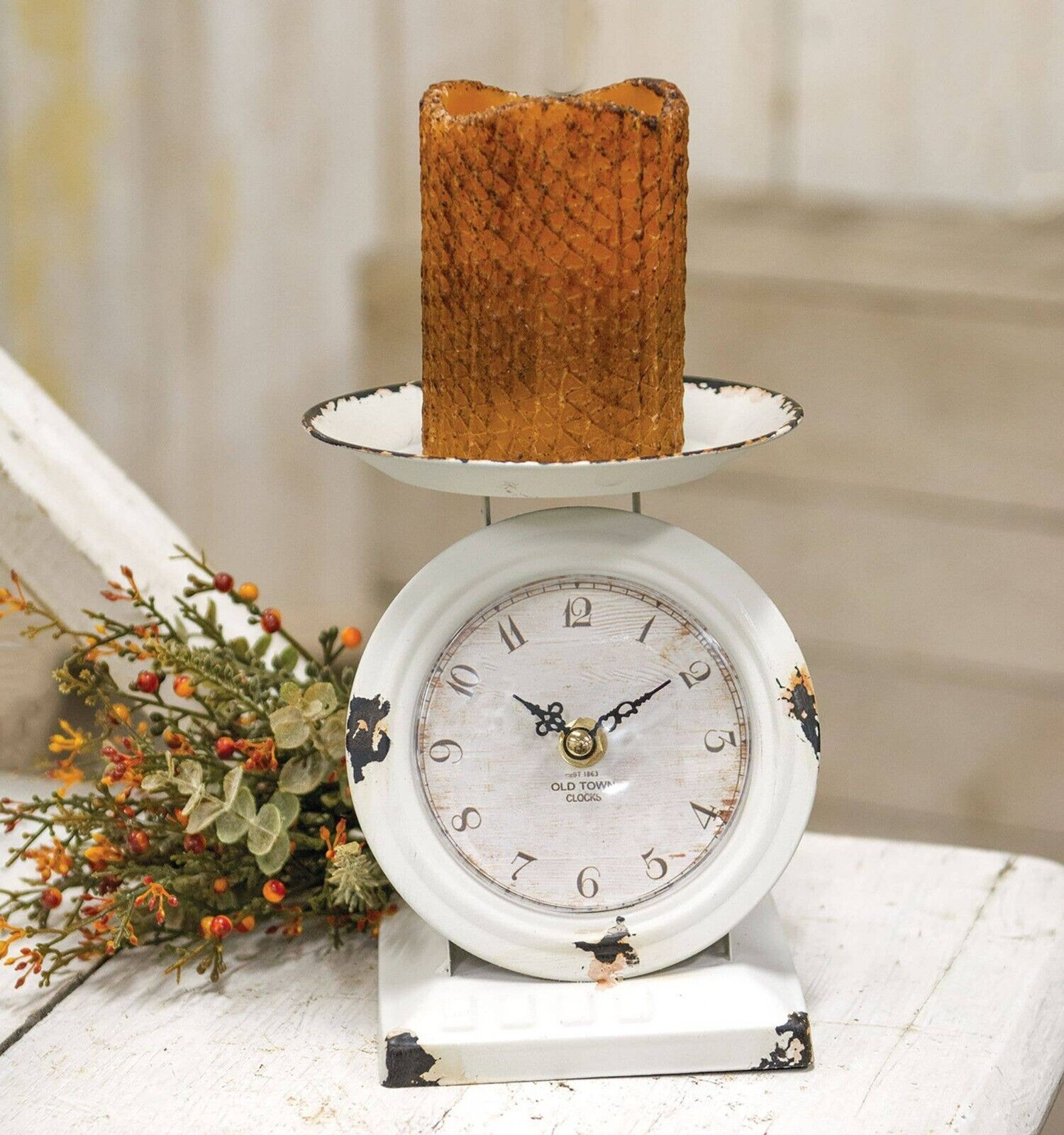 Farmhouse small Scale Clock in distressed white metal
