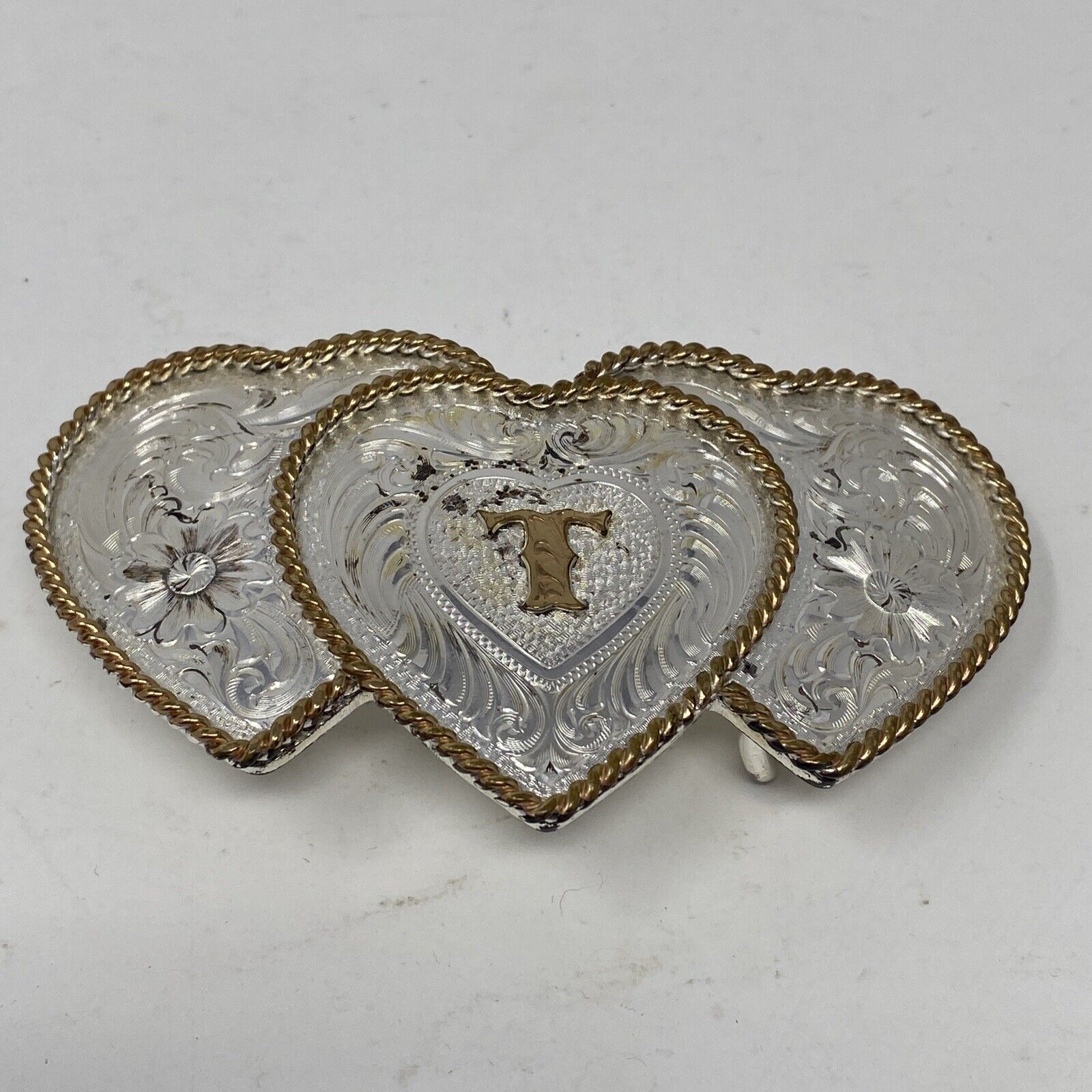 Vintage Montana Silversmiths 3 Hearts with Letter T and Gold Trim