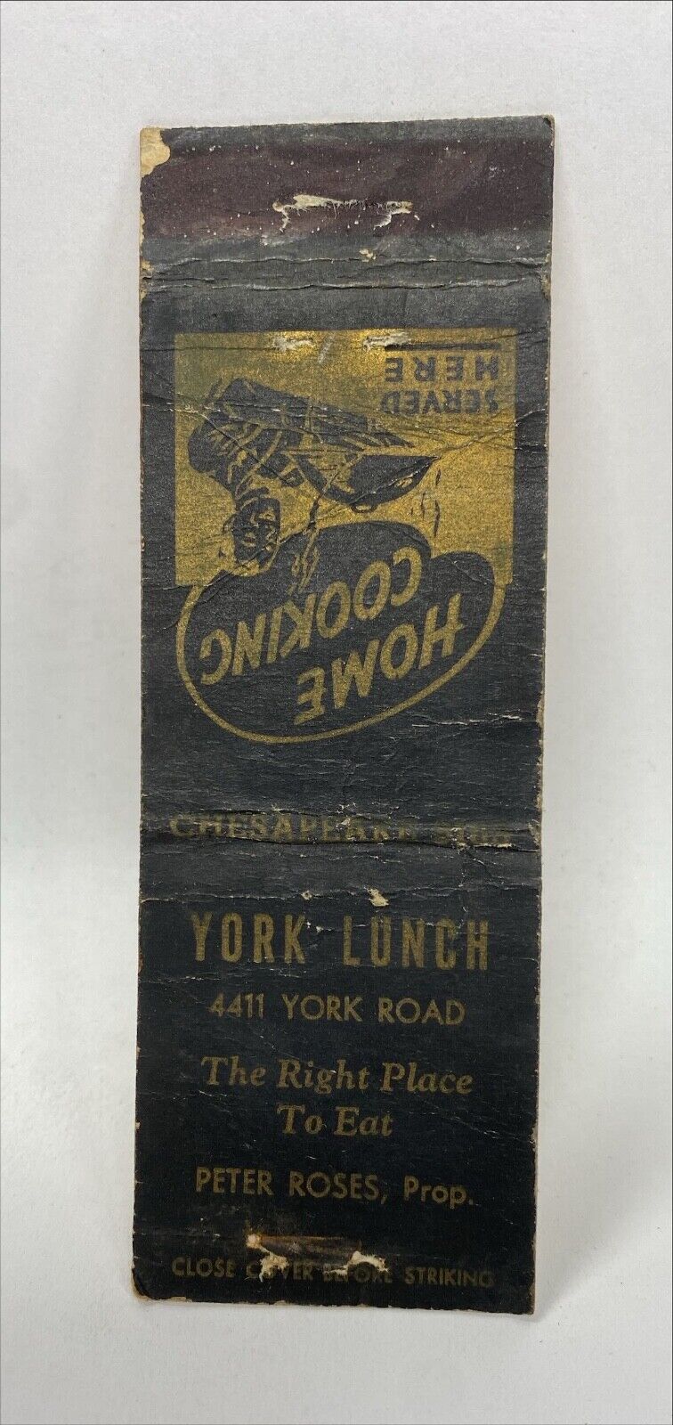 Baltimore, MD York Lunch Peter Roses, Prop. Vintage Matchbook Cover