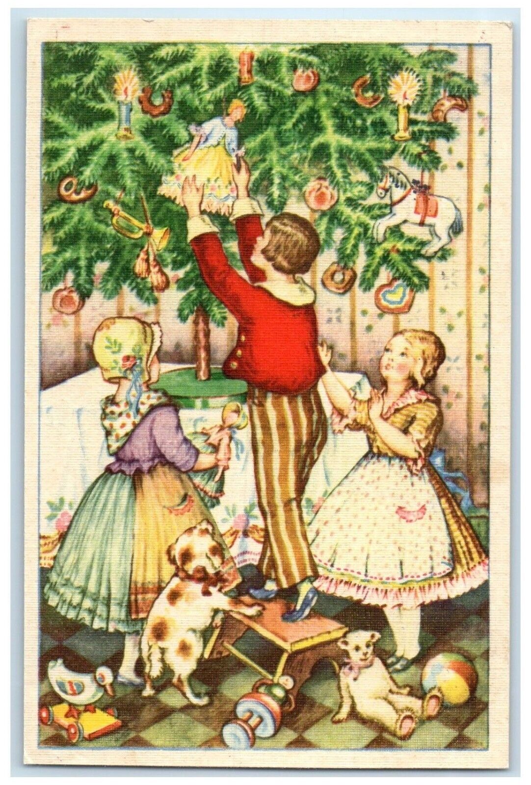 c1910\'s Christmas Tree Children Decorating Dolls Candle Lights Antique Postcard