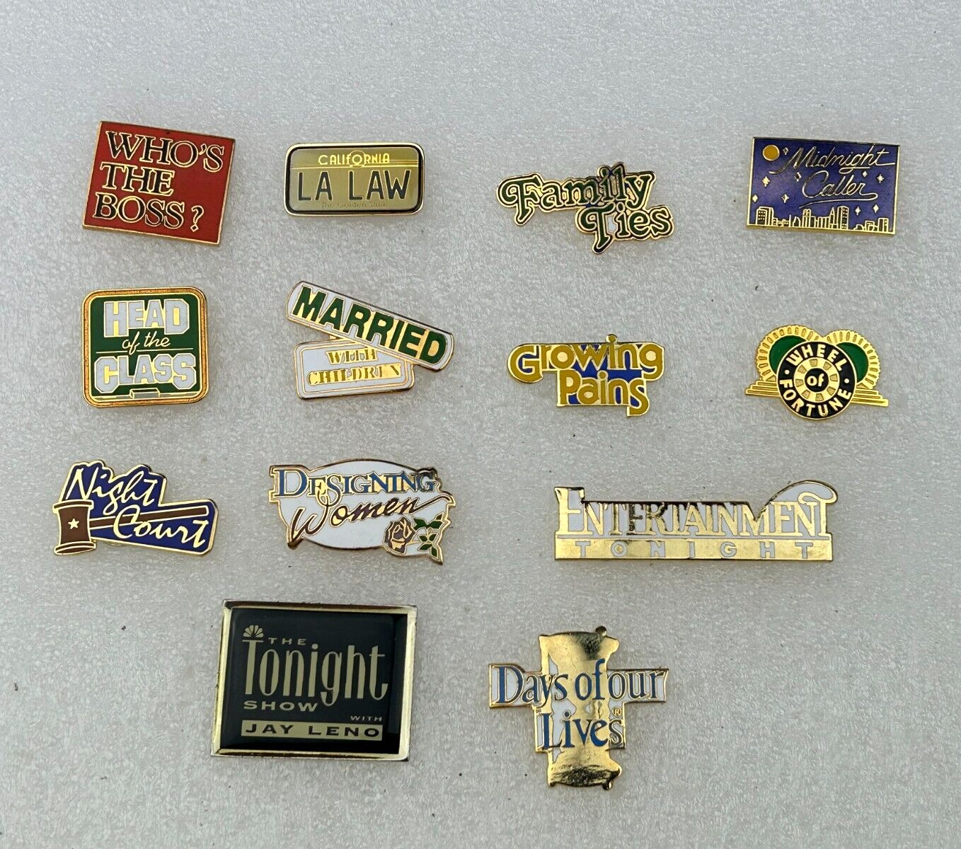 Vintage TV Show Logo Pinback Lapel Pins ~ Lot of  13  ~ Family Ties ~ LA Law ~ +