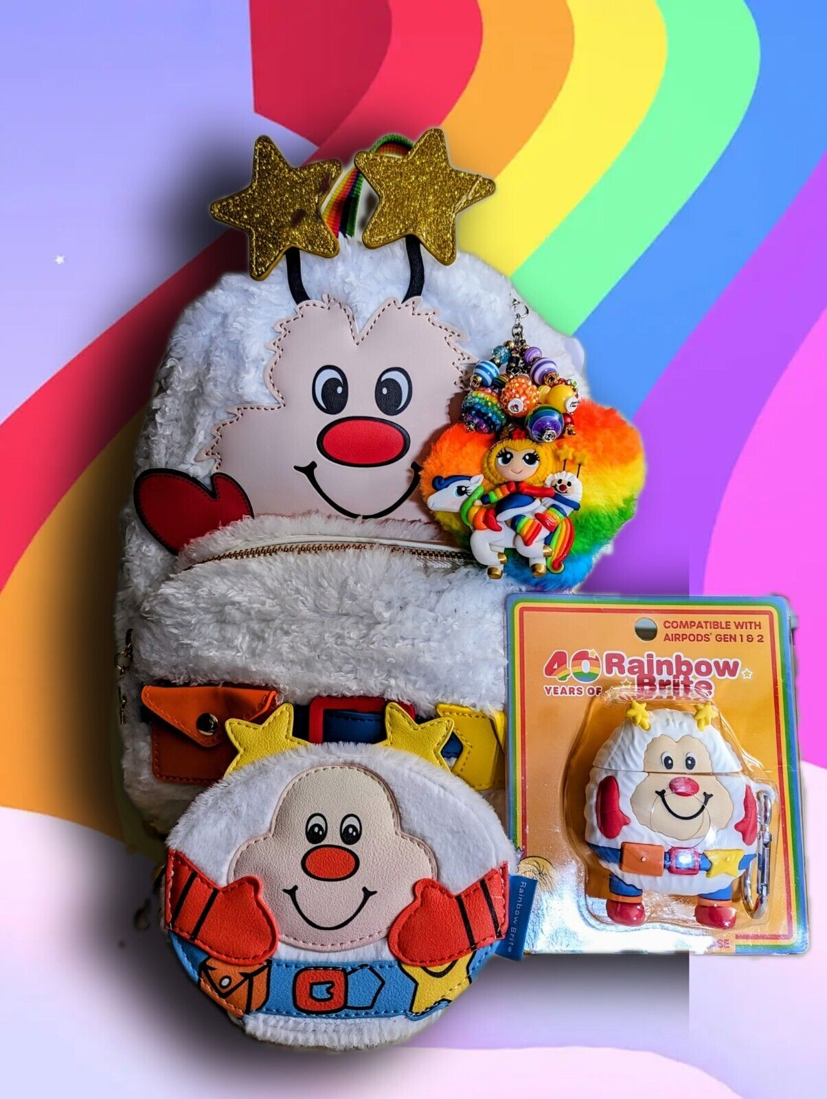 Rainbow Brite Loungefly Twink Fuzzy Mini Backpack, Wallet, AIRPOD Case, &ChaRM 