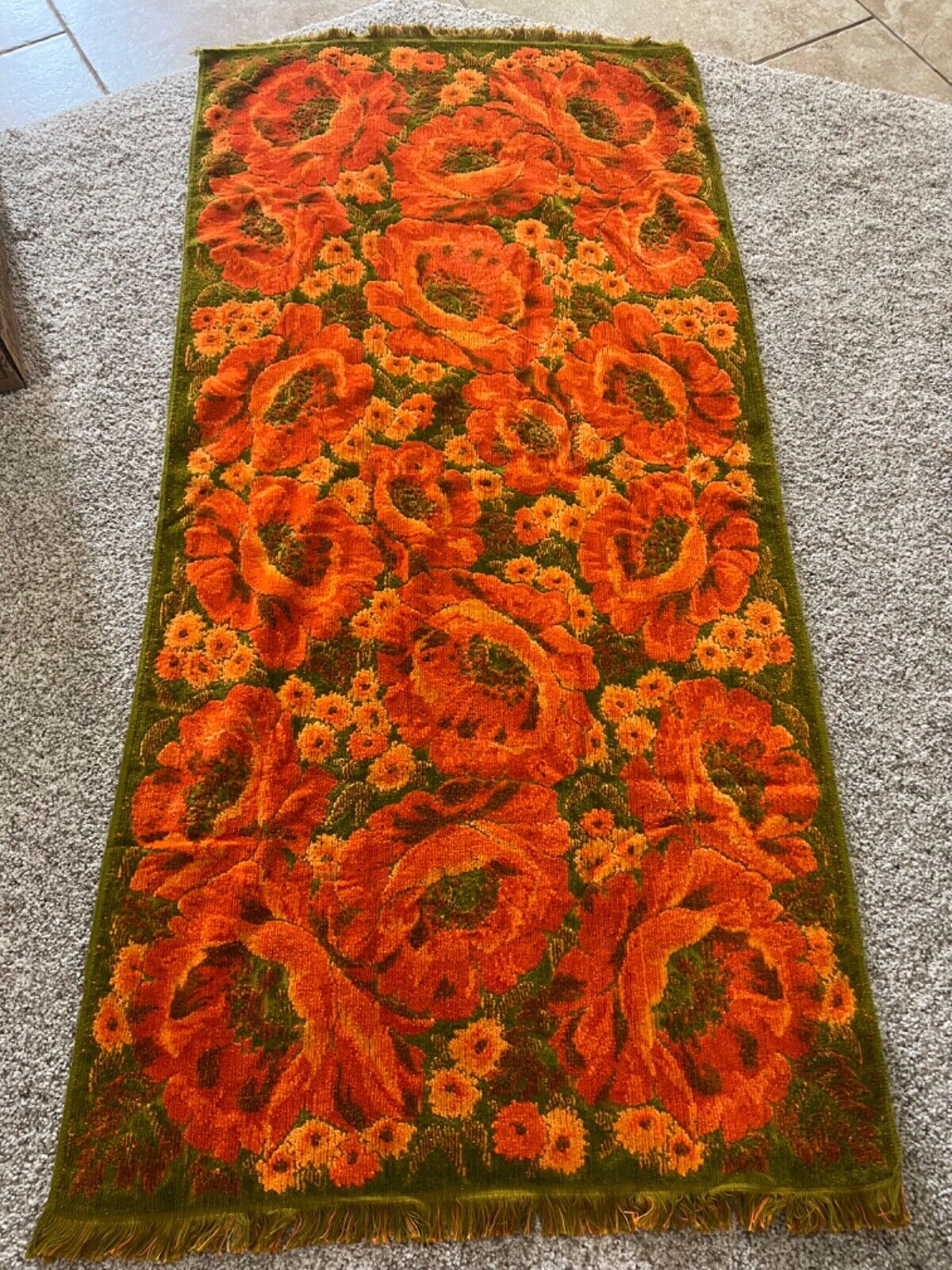 Vintage Fieldcrest Orange Green Floral With Fringe Cotton Bath Towel