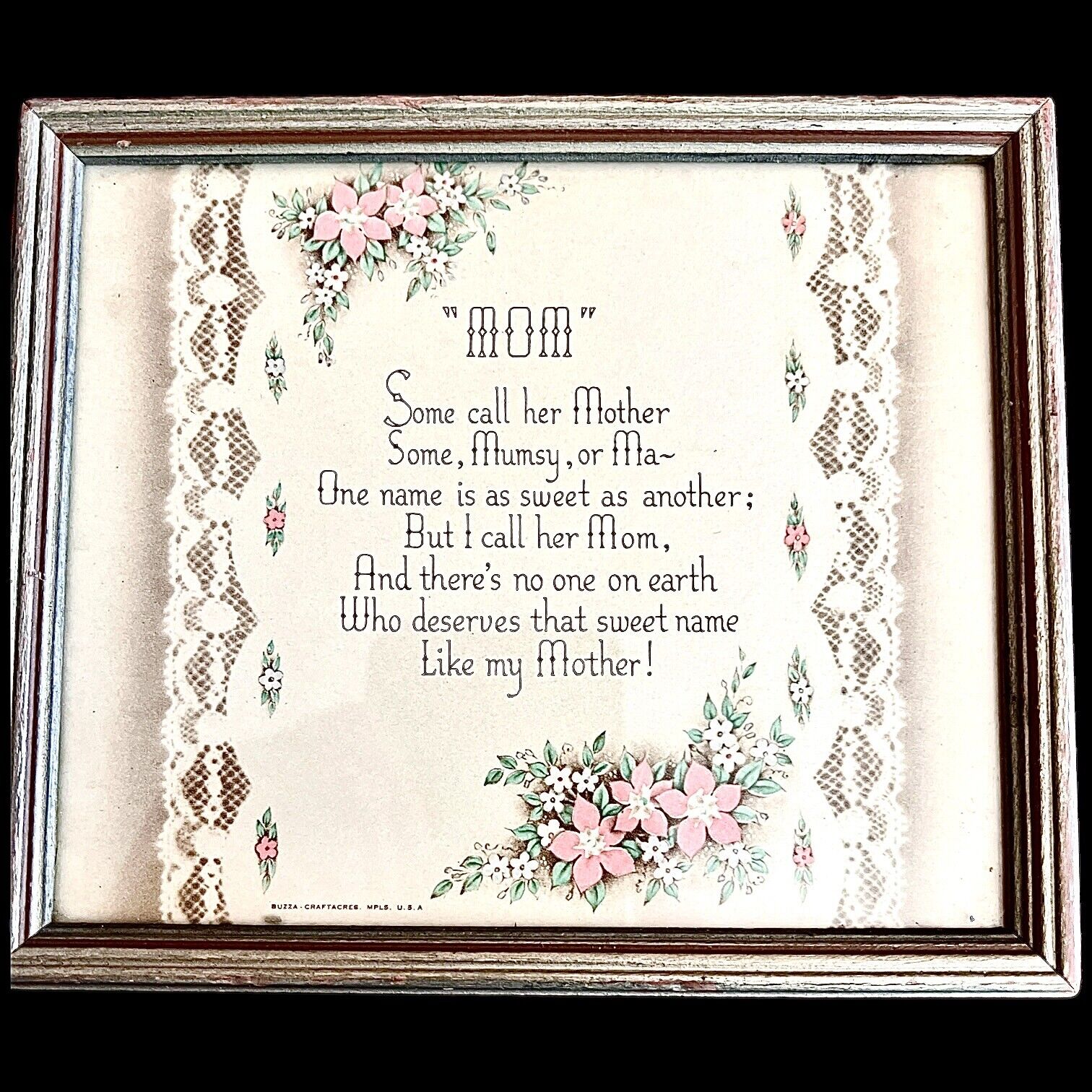 Vintage Buzza Craftacres Mother\'s Day Mom Birthday 1940 Framed Poem 6.5 x 5.50