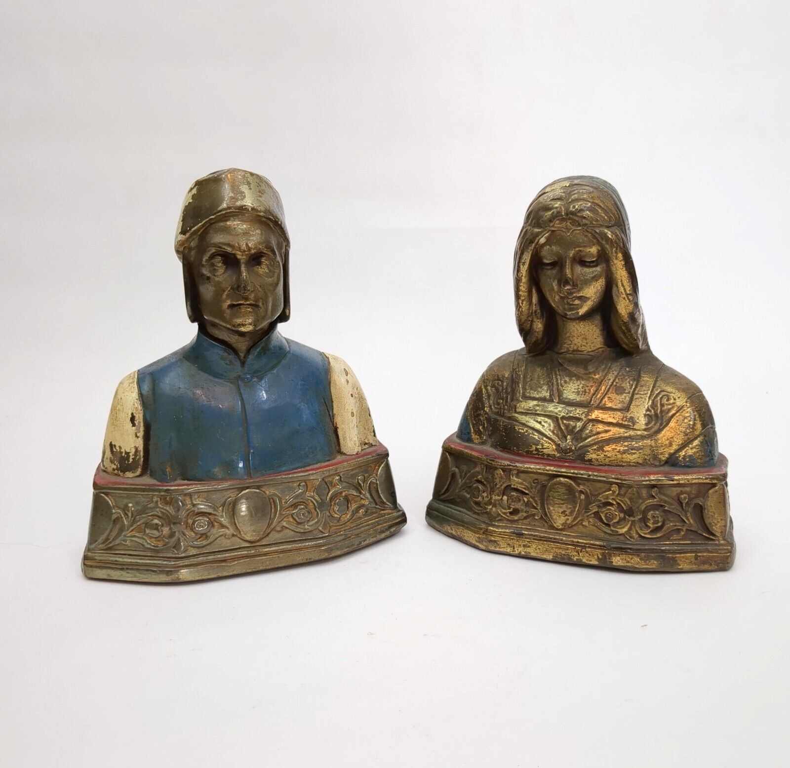 Dante & Beatrice Bookends. Vintage  Hand Painted Busts. Dante Alighieri. Italy 