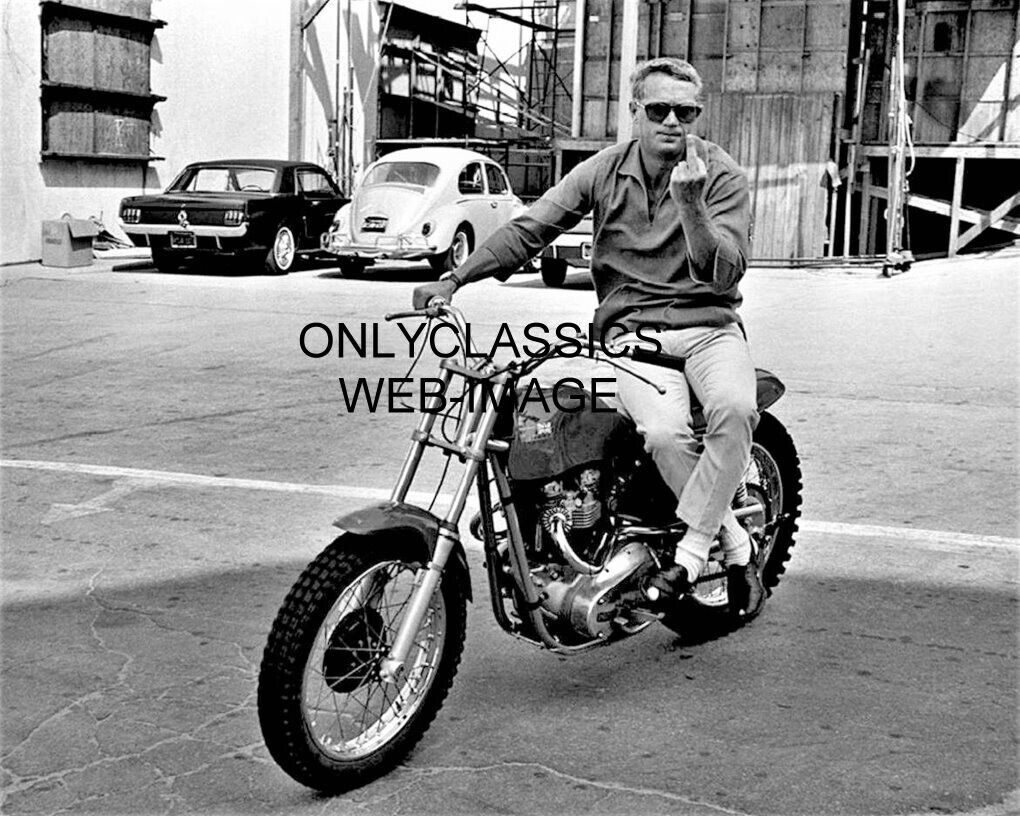 STEVE MCQUEEN ON HIS RICKMAN METISSE MOTORCYCLE FLIPS YOU THE BIRD 8X10 PHOTO