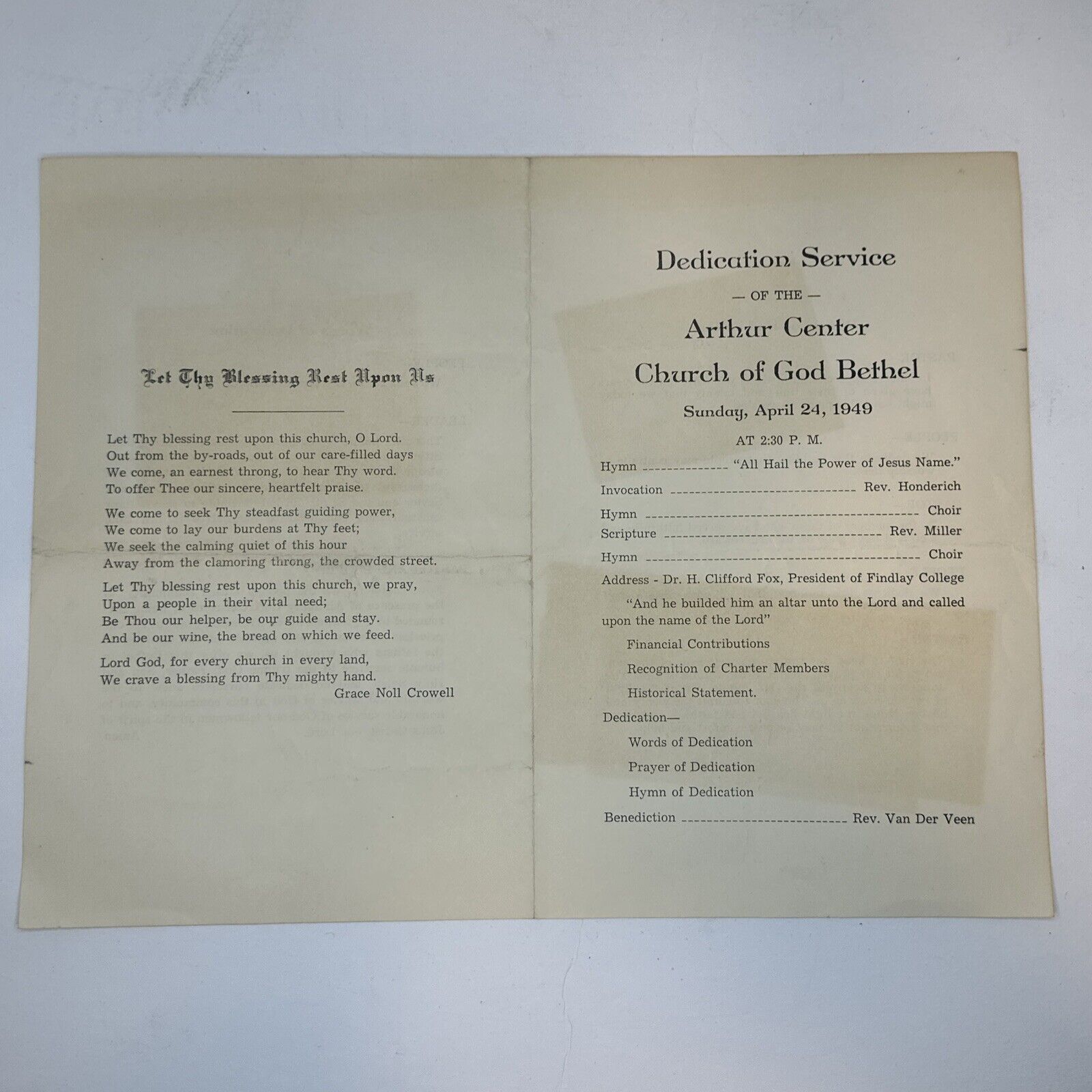 1949 Service Program Arthur Center Church of God Bethel CLARE ? MICHIGAN MICH MI