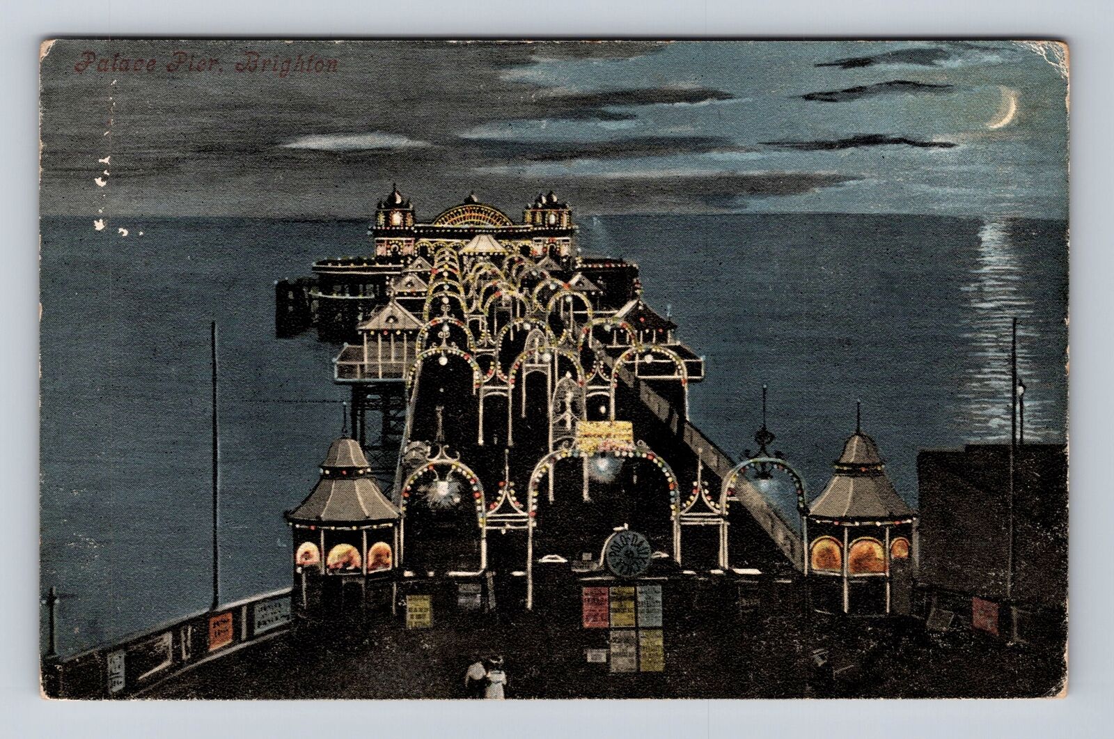 Brighton England, Palace Pier at Night, Amusement Park, Vintage c1910 Postcard