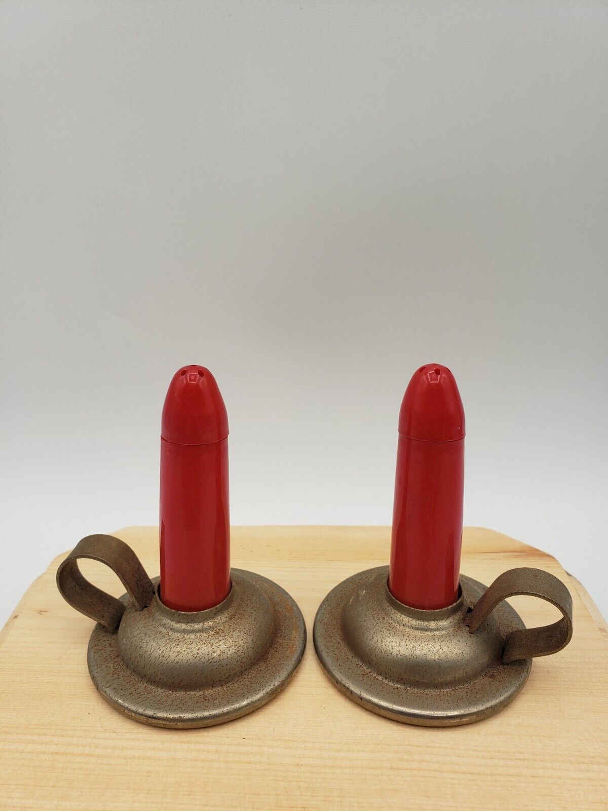 Vintage Mini Salt & Pepper Shakers Red Candle Sticks Holders, Metal Base Holiday