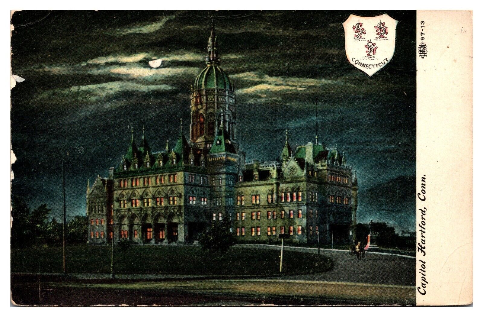 Antique Connecticut State Capitol at Night, Hartford, CT Postcard