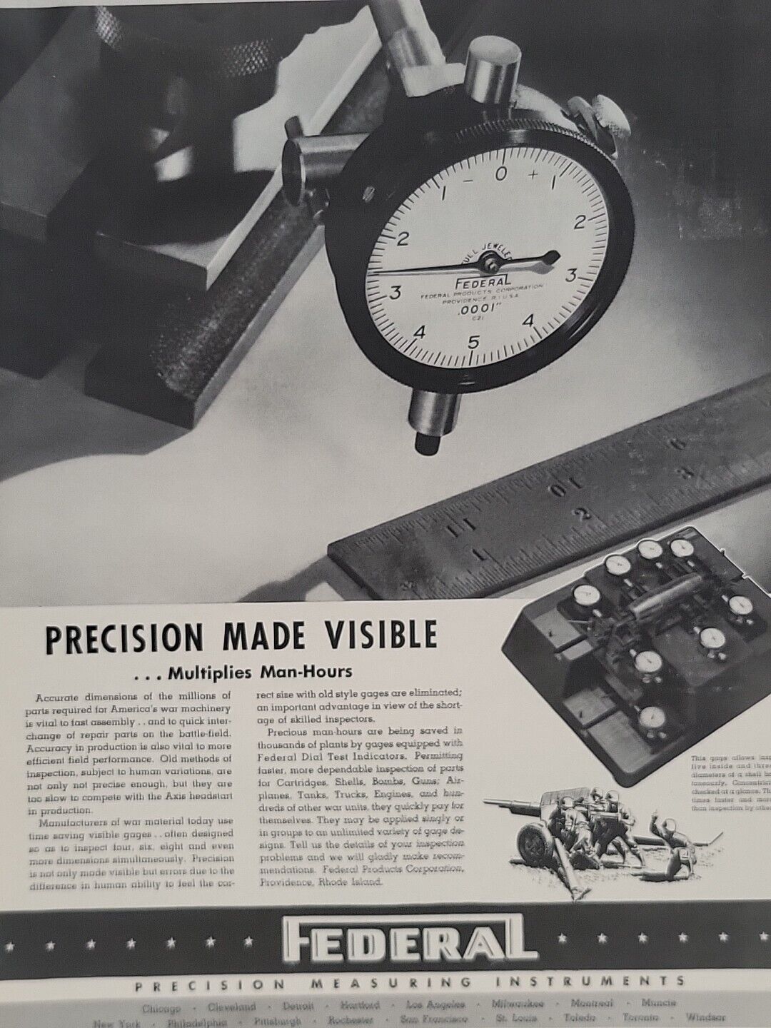 1942 Federal Precision Measuring Instruments Fortune WW2 Print Ad Q3 Gage