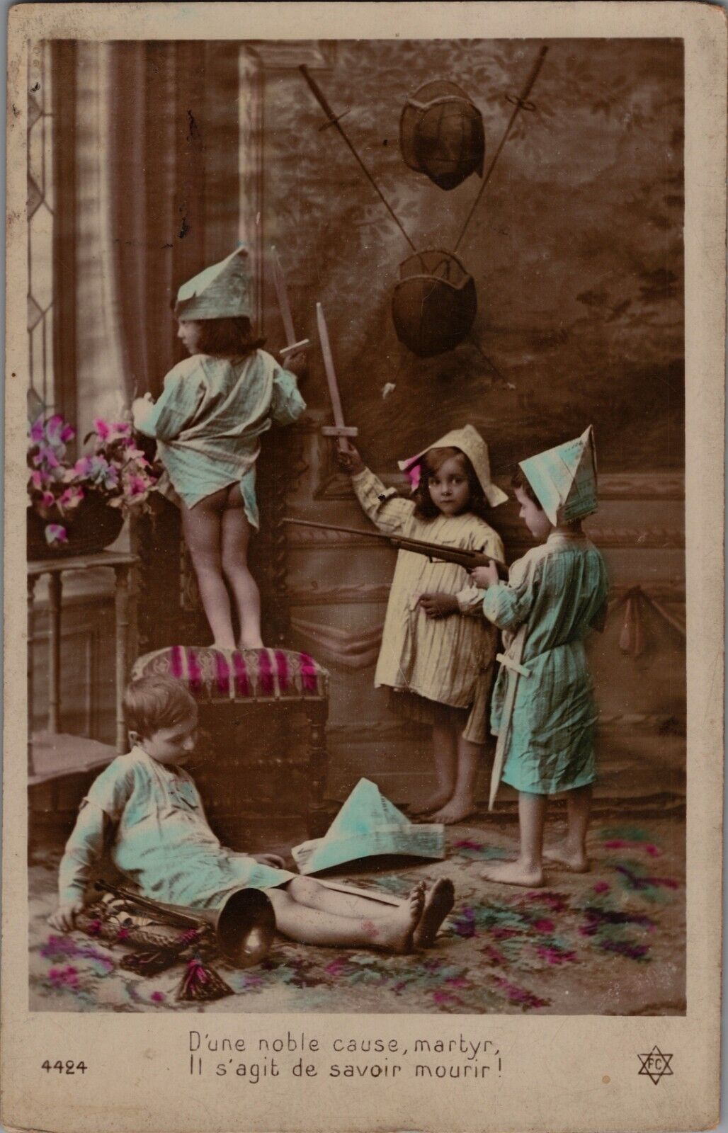 Victorian RPPC Postcard Children Playing with Swords Tinted c1910