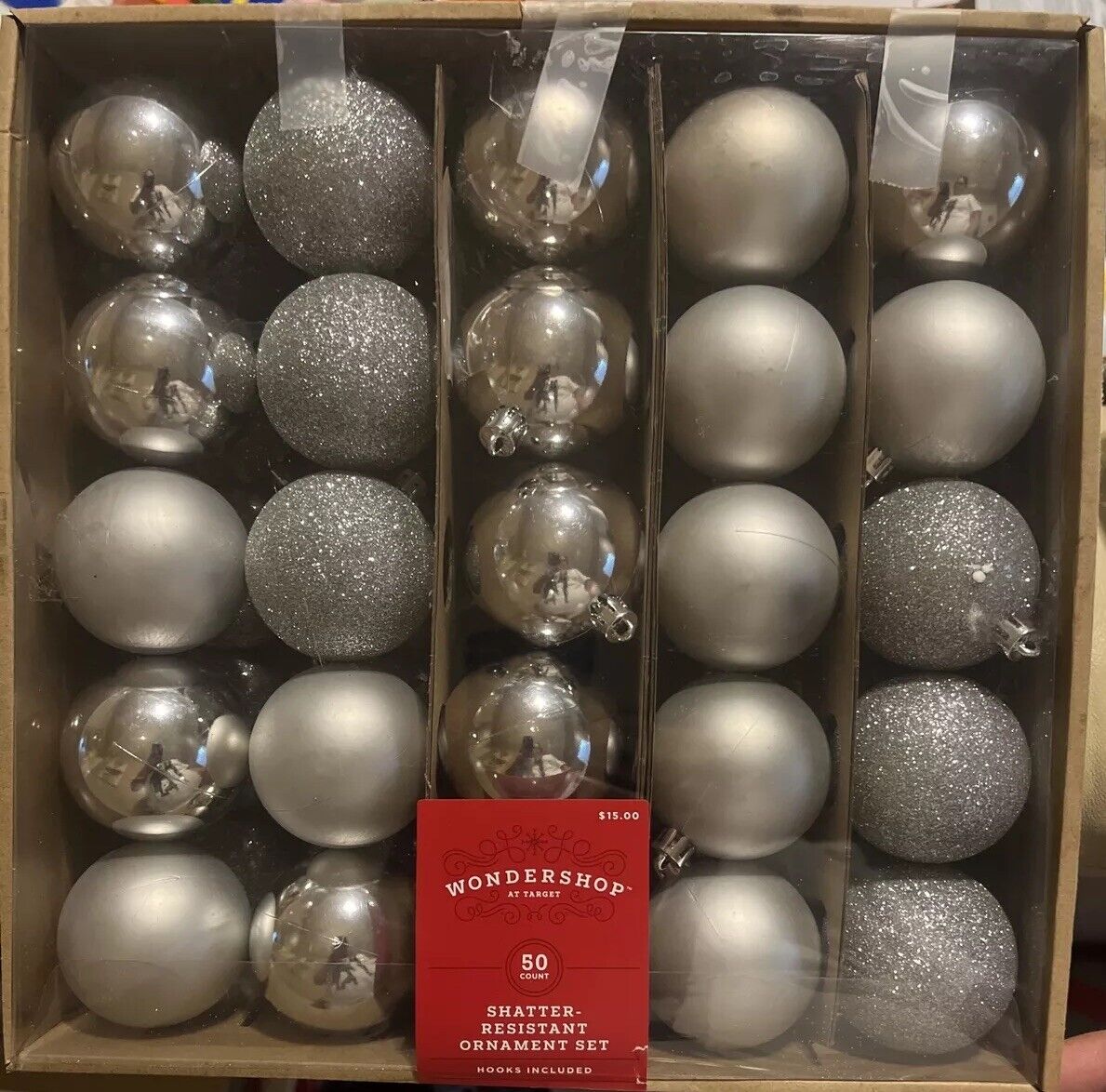 50ct Target Silver & Glitter Shatter Resistant Christmas Tree Ornaments Set Pack