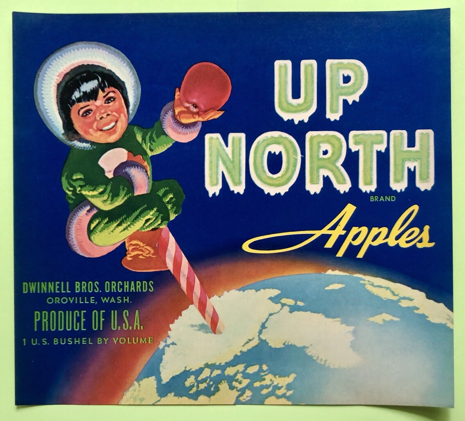 NOS Vintage 1940s Up North Apple Crate Label Oroville Washington