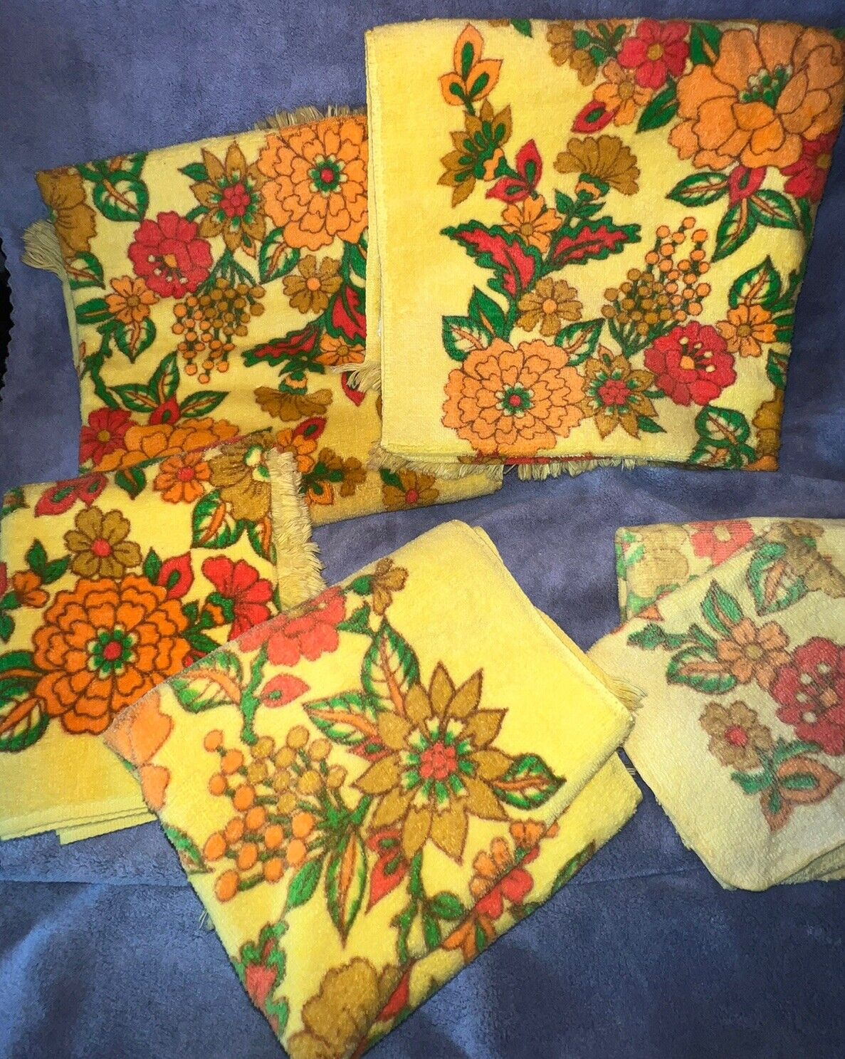 Vintage MCM Golden Yellow Flowers 6-Pc Set Bath & Hand Towels & Washcloths RARE