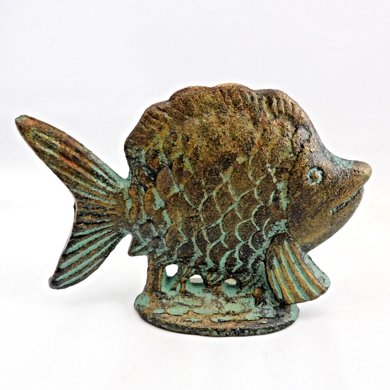 Fish Figurine Cast Iron Bronze Finish with Verdigris Highlites 4-1/2\