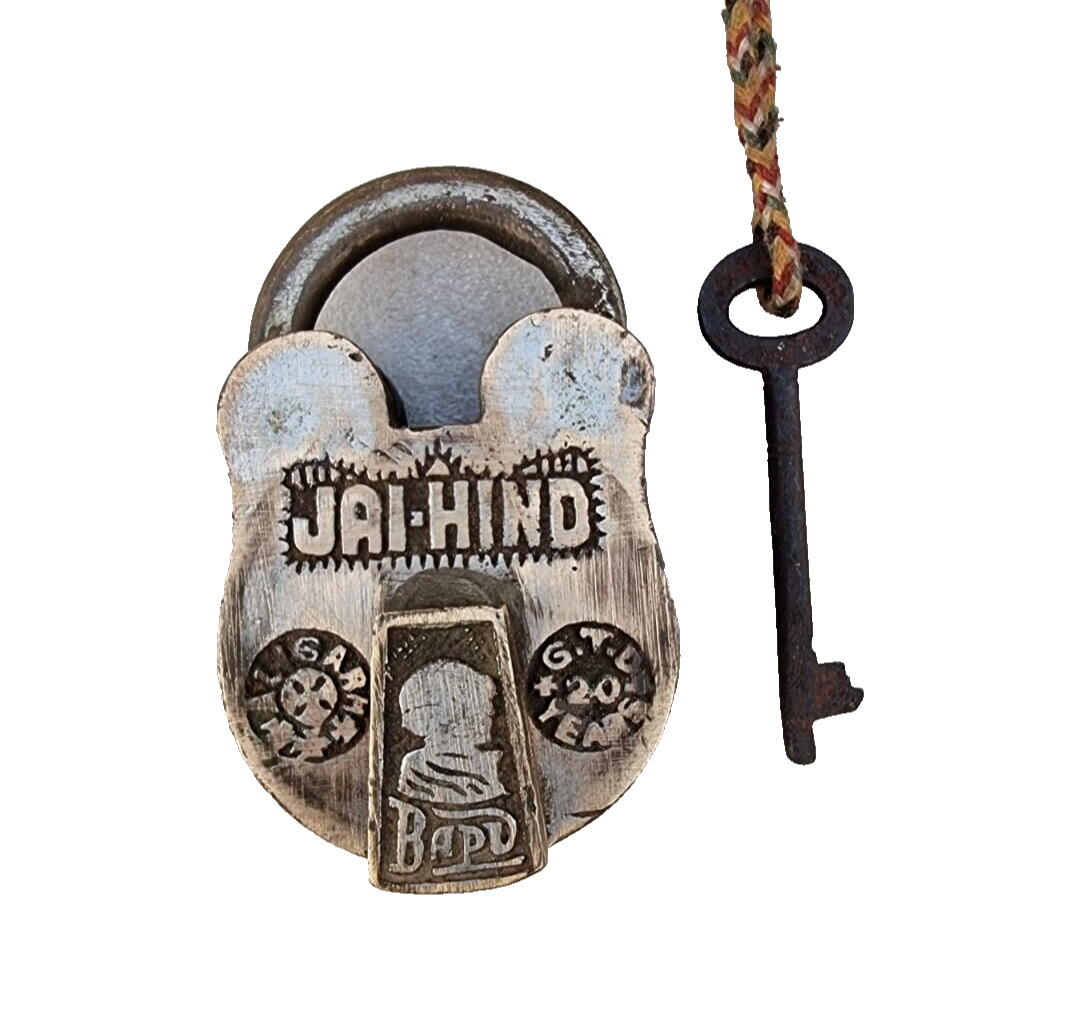 Vintage Old Antique Jai-Hind Gandhi Bapu Words Embossed Brass Pad Lock & Key