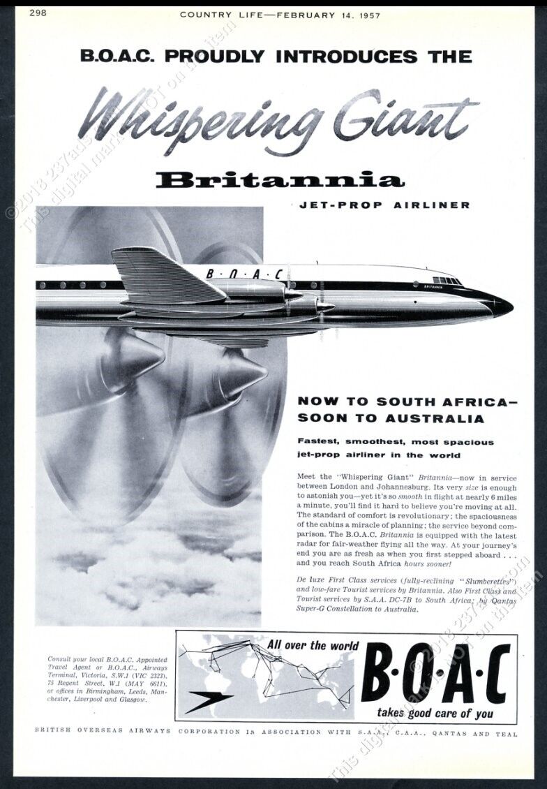 1957 BOAC B.O.A.C Britannia plane art UK vintage print ad