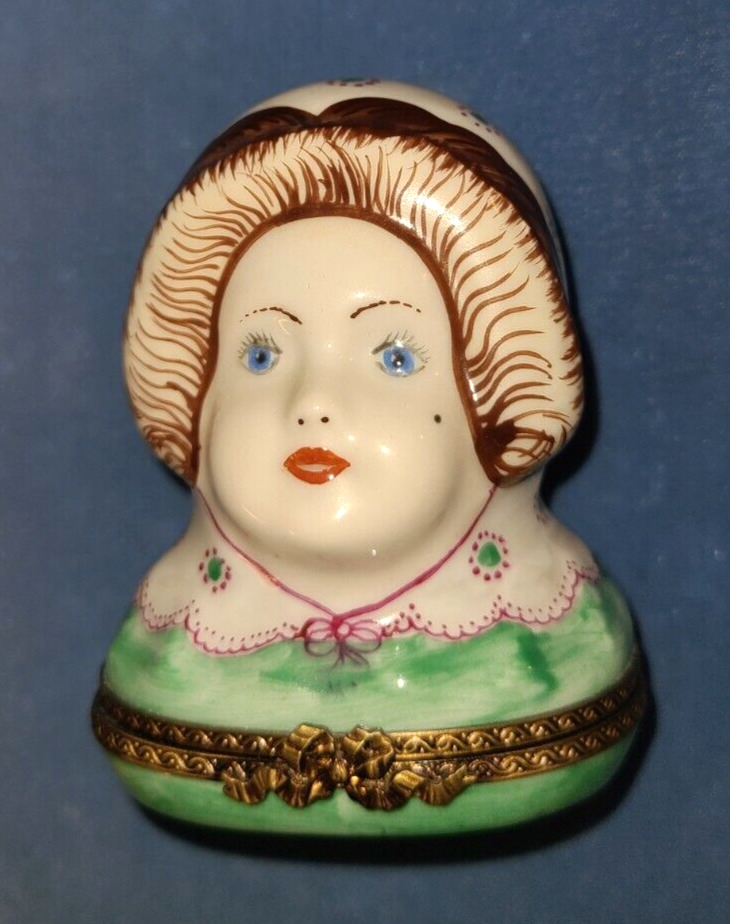 Vtg Rochard Limoges peint main porcelain trinket box, Victorian doll head RARE