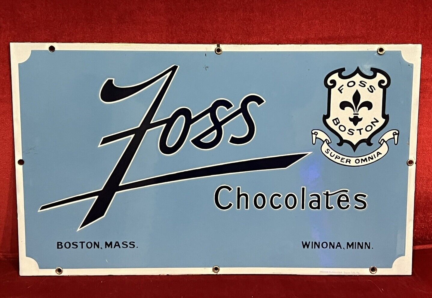 Rare Antique 1930’s Foss Chocolates Boston Porcelain Enamel Advertising Sign