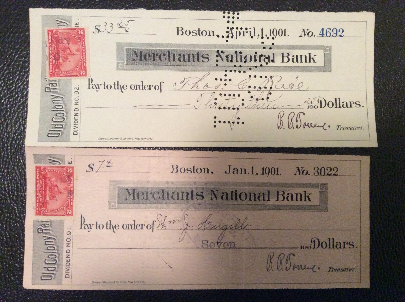 2 Old Colony Railroad Company  Checks 1901 $1.99    