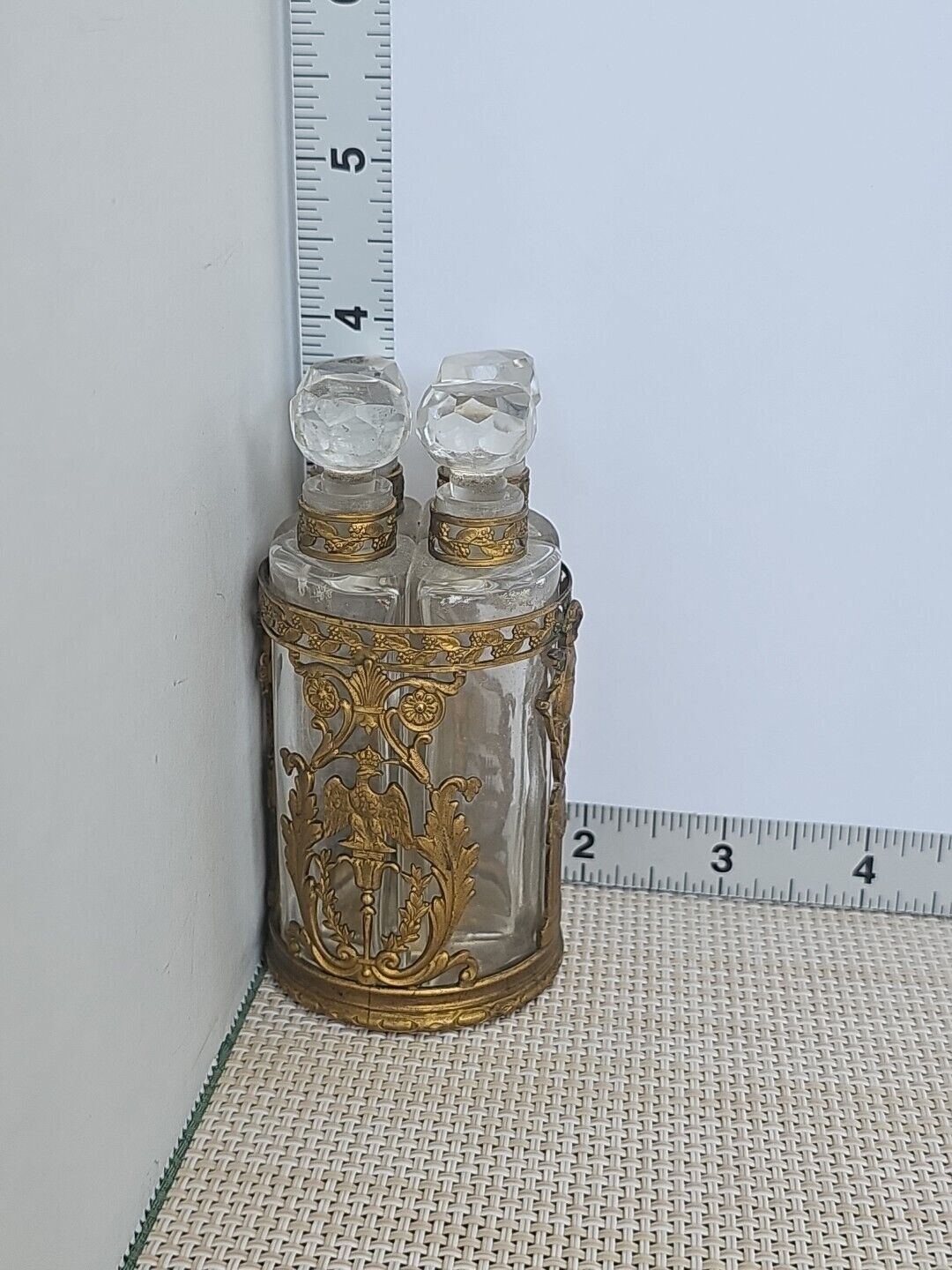 Antique French 4 Bottle Perfume Caddy Ornate Gilt Ormolu Basket w/Glass Daubers