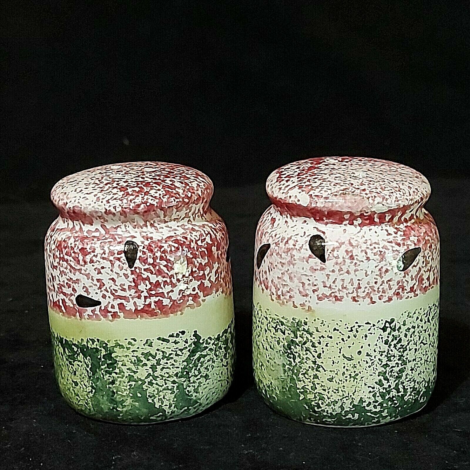 Vintage Spongeware Salt and Pepper Shaker Watermelon Pattern 2\