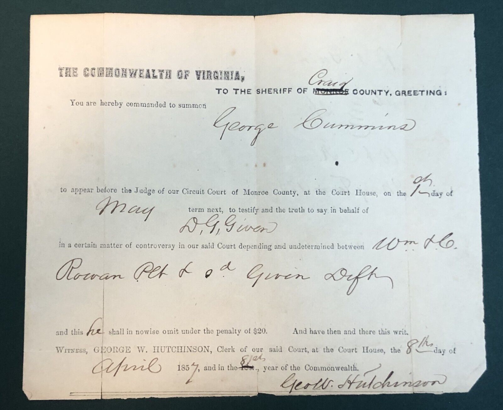 April 8, 1857 Craig County Virginia Court Summons George Cummins D.G Given