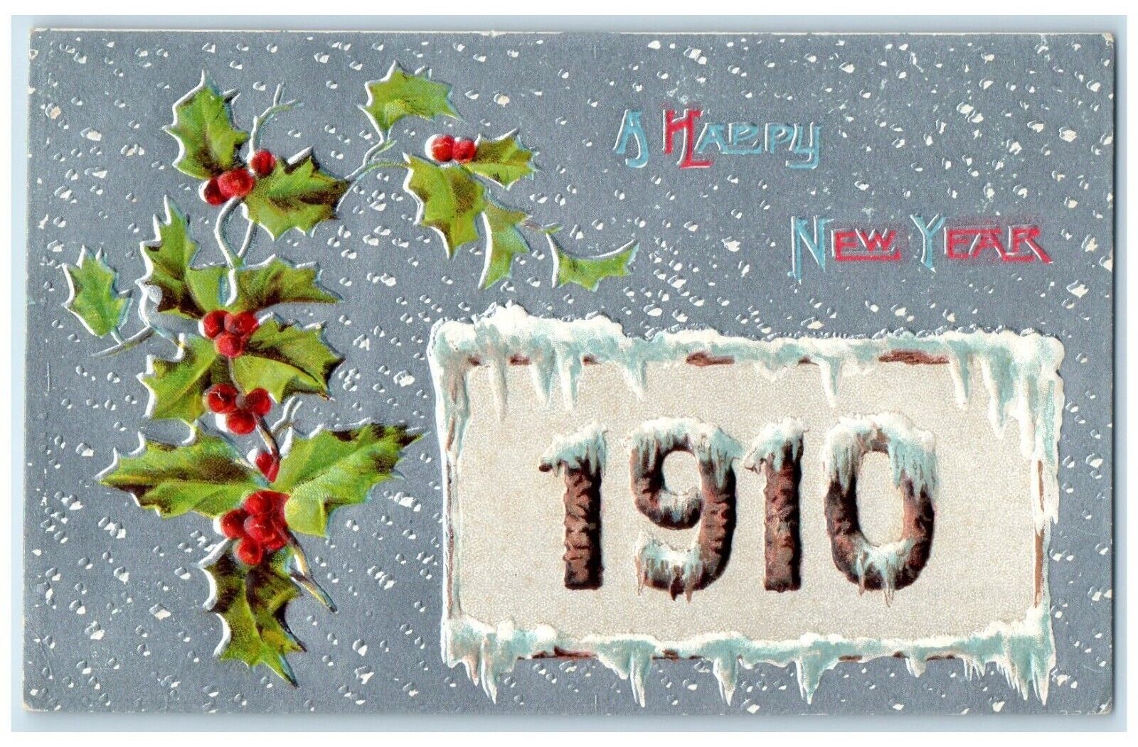 1910 New Year Snow Winter Holly Berries Embossed Unposted Antique Postcard