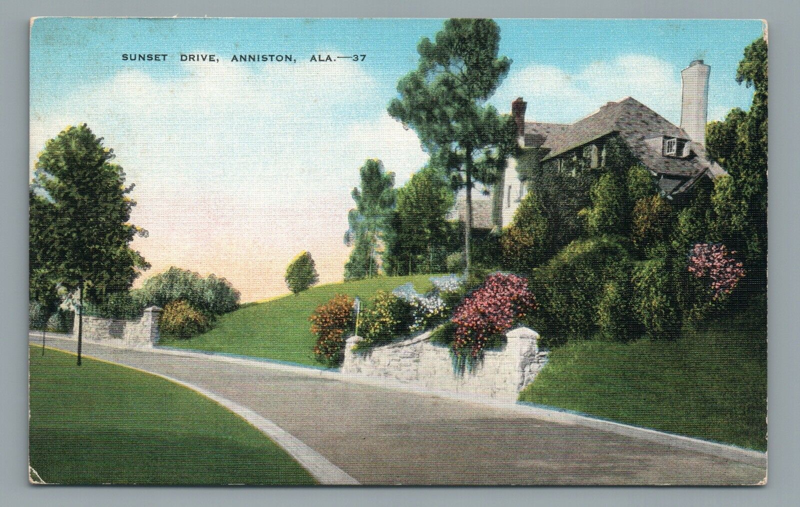 Sunset Drive Residential Home Anniston AL Alabama c1940s Linen Postcard Unposted