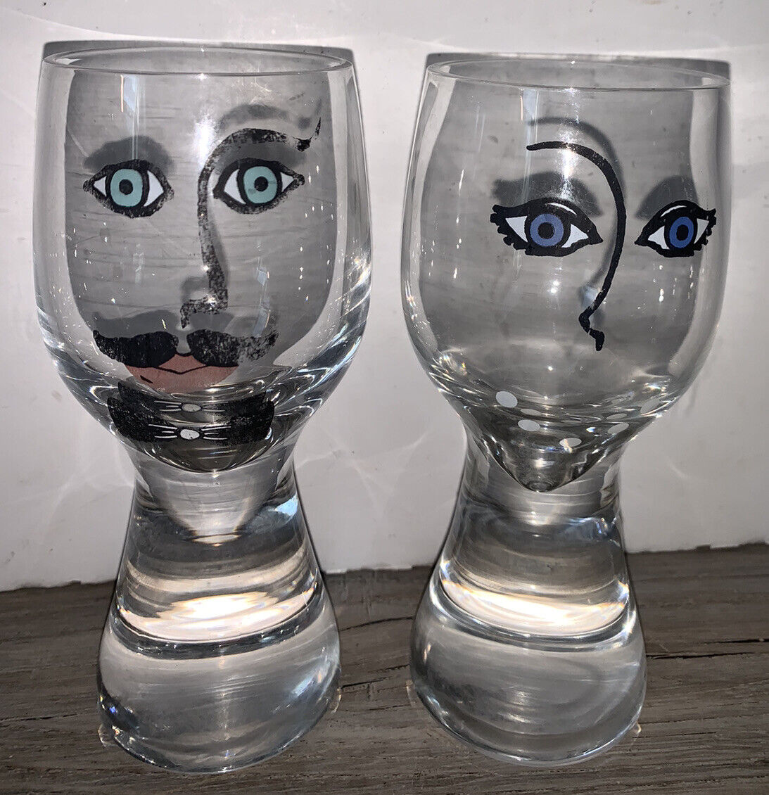 Pair of Bridal Toasting Glasses Mustache Man and Woman Figural Face MCM Vintage
